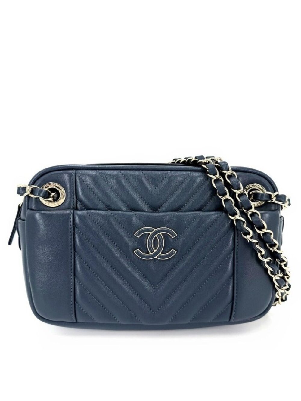 Chanel Shoulder Bag CC Logo Chain Chez Blanc Crossbody Leather Navy Gold